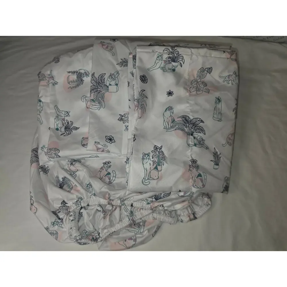Forever 21 Home Twin XL Sheet Set Cats Plants Pink Teal Dorm Bedding